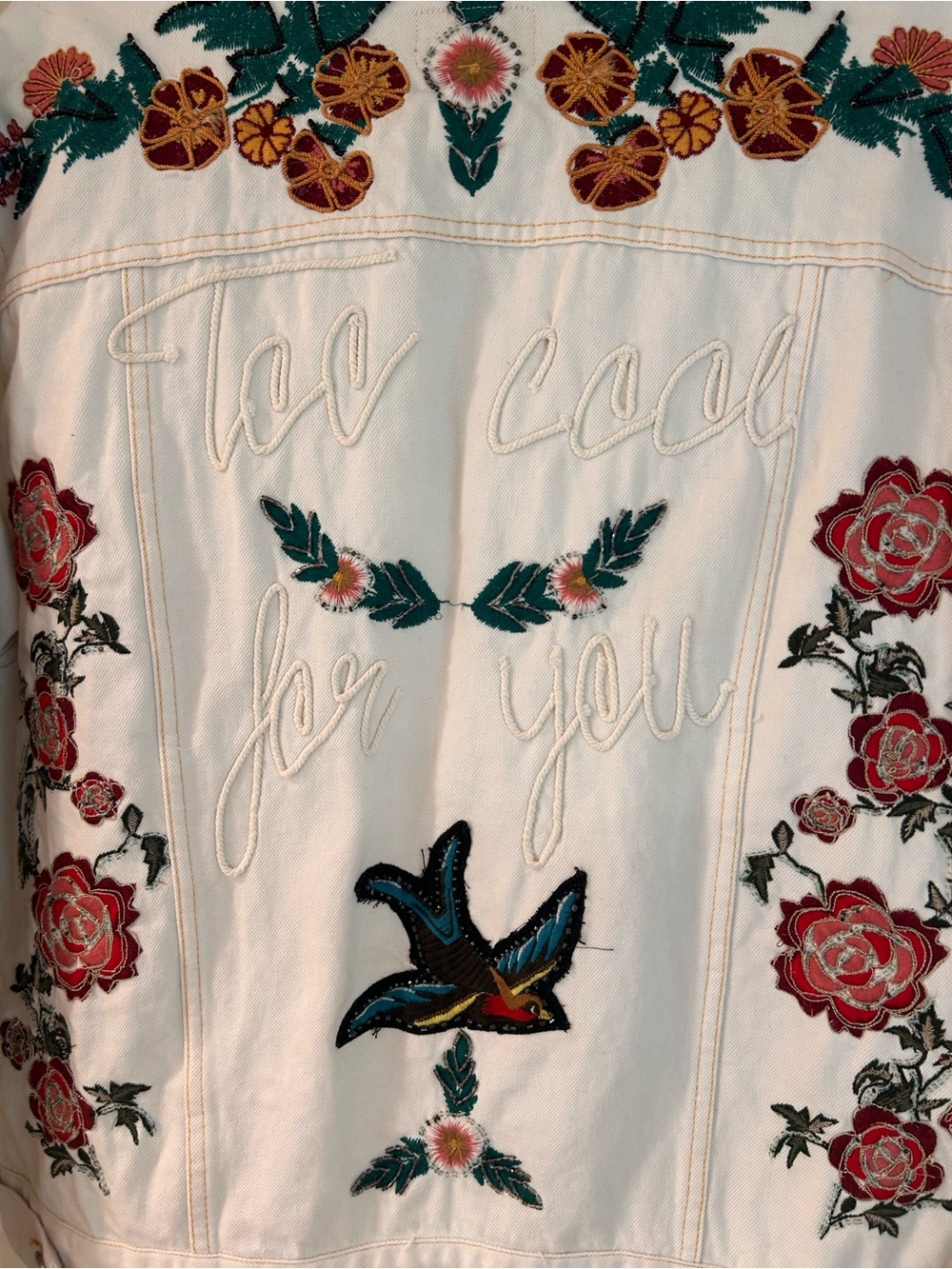ZARA Embroidered White Denim Jacket with Bird & Floral Motif - Picture 7 of 10